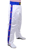 MAR-087D | White & Blue Kickboxing Trousers w/ Embroidered Writing