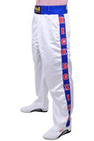 MAR-087D | White & Blue Kickboxing Trousers w/ Embroidered Writing