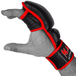 MAR-233A | Genuine Leather Black MMA Gloves w/ Red Piping