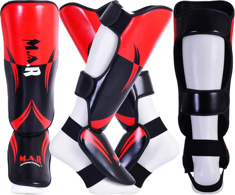 MAR-148K | Red Shin & Instep Guards Lightweight Microfiber Leather Pads