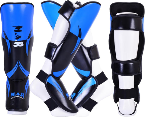 MAR-148J | Blue Shin & Instep Guards Lightweight Microfiber Leather Pads