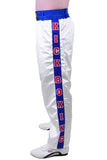 MAR-087D | White & Blue Kickboxing Trousers w/ Embroidered Writing